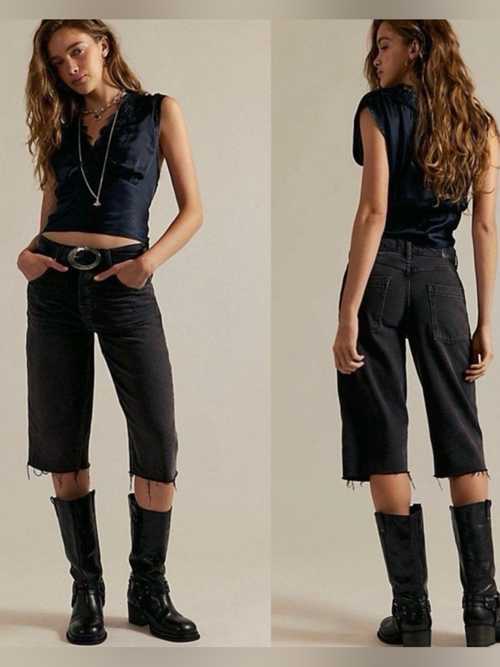 NWT Free People Jam Session black wash Denim Pants / Long Shorts 25